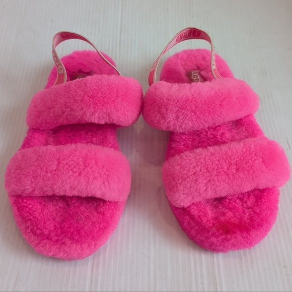 UGG Oh Yeah Slide Kids Fuzzy Pink Slingback Slippers Size 4 - Picture 2 of 8